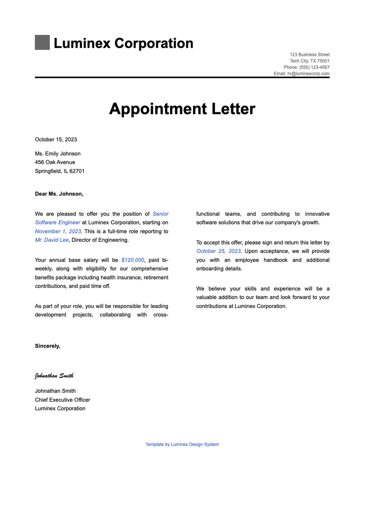Professional appointment letter template with company branding and placeholder fields_variant_2